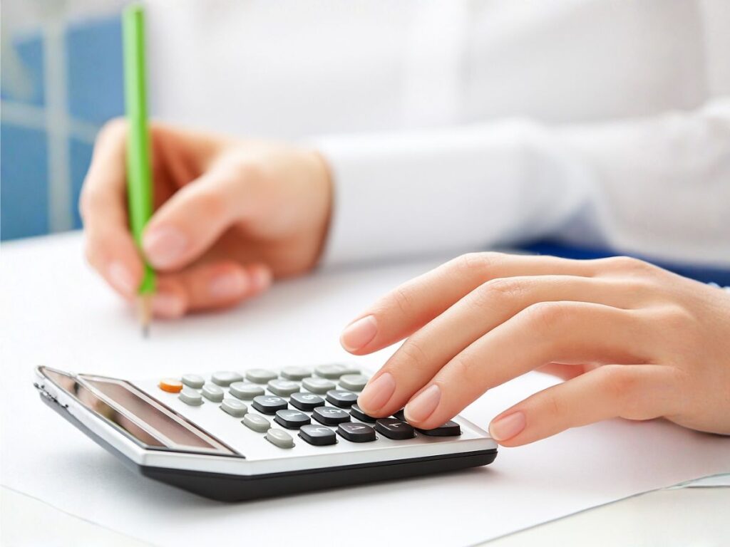 Close-up of a person using a calculator and writing on paper, representing the process of estimating a realistic settlement through an SBA Loan Offer in Compromise (OIC) calculator to determine how much a borrower can afford to pay toward resolving defaulted SBA debt.