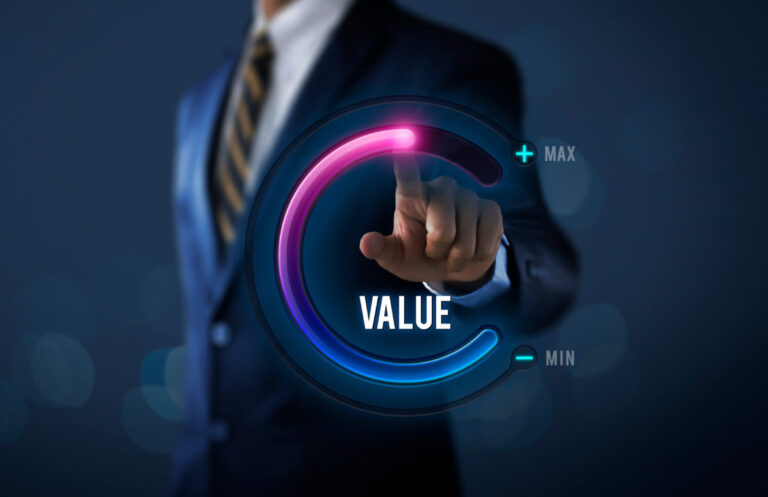 Business professional adjusting a digital value meter, symbolizing the buyer’s focus on value creation in a RISE small business restructuring and acquisition strategy.