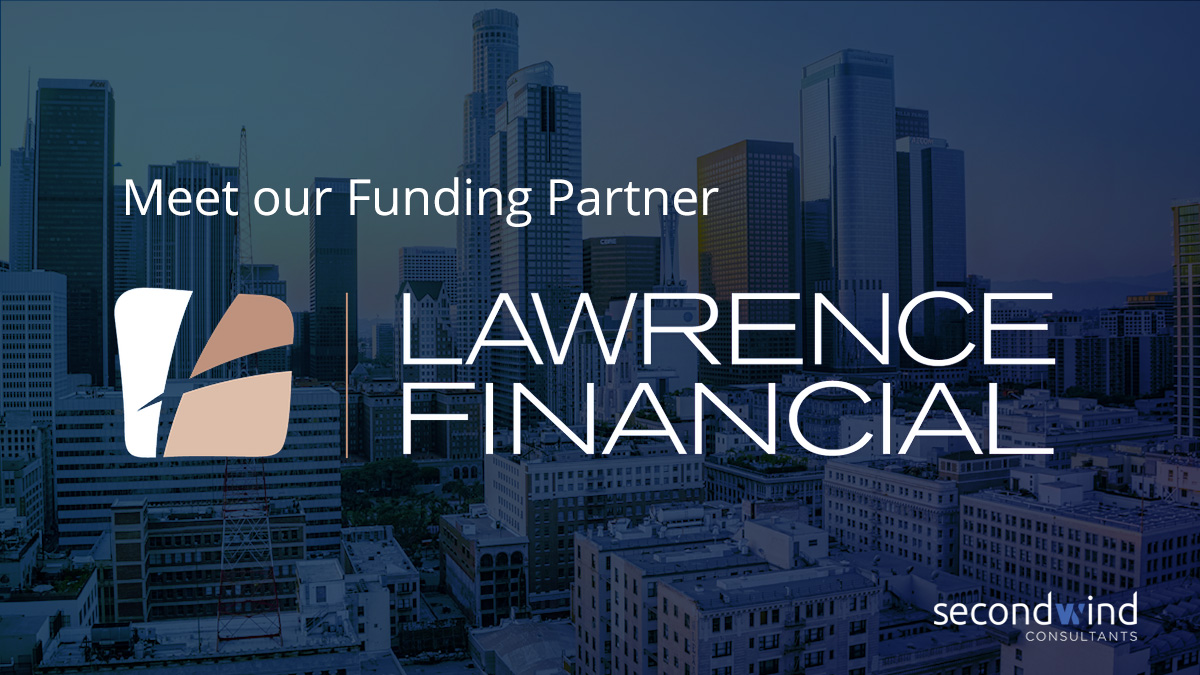 The Los Angeles skyline as the backdrop for the Lawrence Financial and Second Wind Consultants logos, highlighting the business funding partnership between the two award winning financial companies