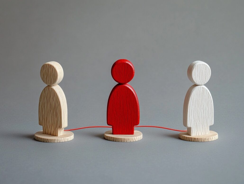 Three wooden figures. The two on the ends are connected to the red one in the middle, acting as the middleman