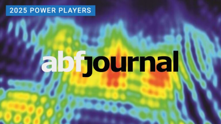 Abstract heatmap-style graphic with glowing bands of blue, green, yellow and red forming a wave-like pattern on a dark background. A blue label in the top left reads “2025 Power Players,” suggesting concentrated areas of influence or activity. The whole image is overlaid with the ABF Journal logo.