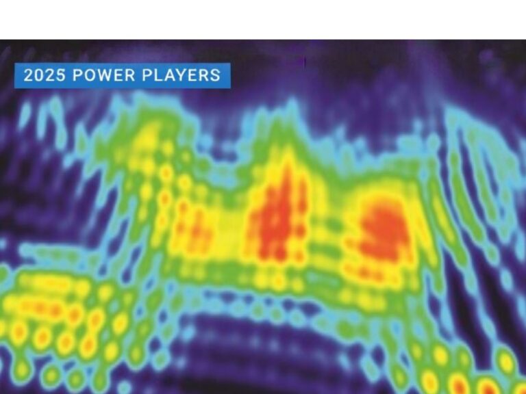 Abstract heatmap-style graphic with glowing bands of blue, green, yellow and red forming a wave-like pattern on a dark background. A blue label in the top left reads “2025 Power Players,” suggesting concentrated areas of influence or activity.